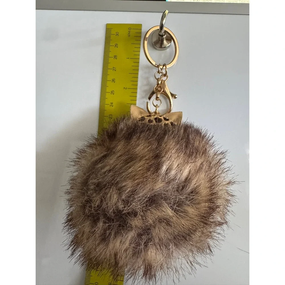 Gold Tone Fox Faux Fur Pom Pom Bag Charm Keychain Rhinestone Pearl Brown Tan